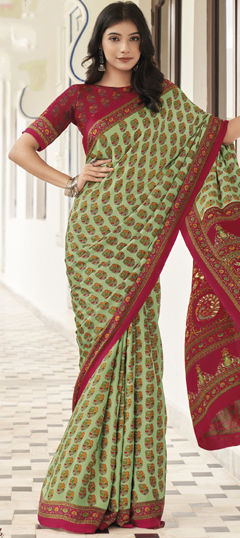 Green color Saree in Crepe Silk fabric with Printed work