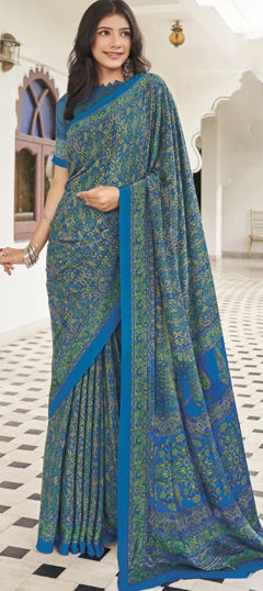 Blue color Saree in Crepe Silk fabric with Printed work