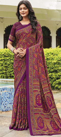 Purple and Violet color Saree in Crepe Silk fabric with Printed work