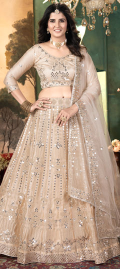 Festive, Reception, Wedding Beige and Brown color Lehenga in Faux Georgette fabric with Flared Embroidered, Sequence, Thread work : 1972369