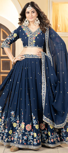 Festive, Reception, Wedding Blue color Lehenga in Faux Georgette fabric with Flared Embroidered, Sequence, Thread work : 1972370