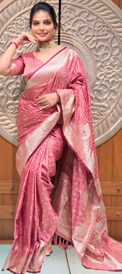 Festive, Traditional, Wedding Pink and Majenta color Saree in Banarasi Silk fabric with South Weaving, Zari work : 1972378