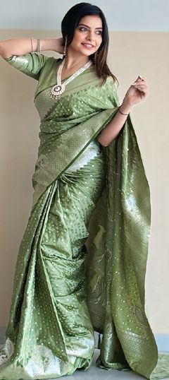 Festive, Traditional, Wedding Green color Saree in Banarasi Silk fabric with South Weaving, Zari work : 1972380