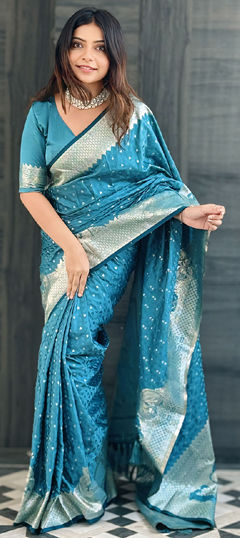 Festive, Traditional, Wedding Blue color Saree in Banarasi Silk fabric with South Weaving, Zari work : 1972381