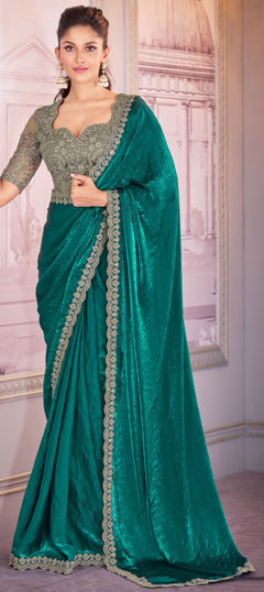 Bollywood Blue color Saree in Satin Silk fabric with Classic Embroidered, Resham, Sequence, Thread work : 1972390