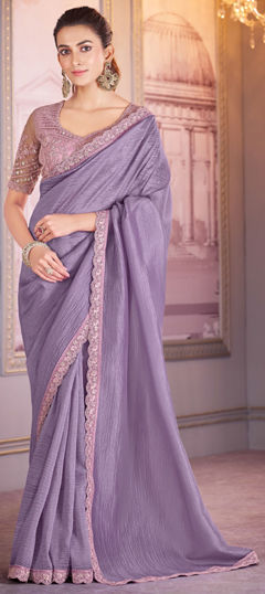 Bollywood Purple and Violet color Saree in Crushed Silk fabric with Classic Embroidered, Resham, Sequence, Thread work : 1972393