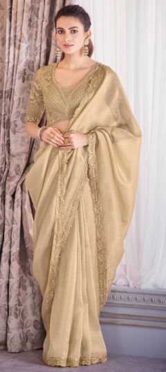 Bollywood Beige and Brown color Saree in Crushed Silk fabric with Classic Embroidered, Resham, Sequence, Thread work : 1972394