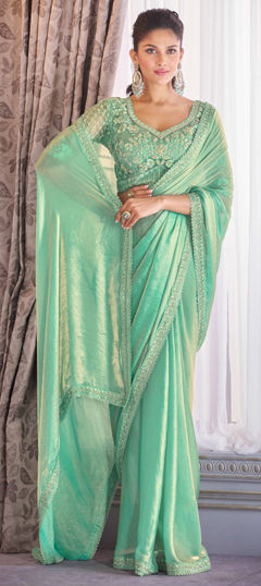 Green color Saree in Organza Silk fabric with Embroidered, Resham, Sequence, Thread work