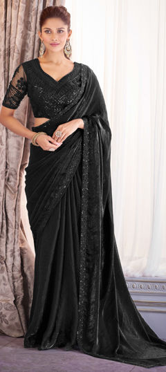 Black and Grey color Saree in Organza Silk fabric with Embroidered, Resham, Sequence, Thread work