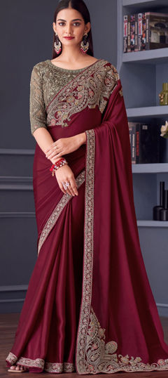 Bridal, Traditional, Wedding Red and Maroon color Saree in Satin Silk fabric with Classic Embroidered, Resham, Sequence, Thread, Zari work : 1972429