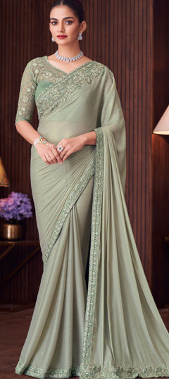 Bridal, Wedding Green color Saree in Chiffon fabric with Classic Resham, Sequence, Thread work : 1972432