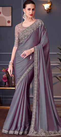 Bridal, Wedding Purple and Violet color Saree in Chiffon fabric with Classic Embroidered, Resham, Sequence, Thread, Zari work : 1972433