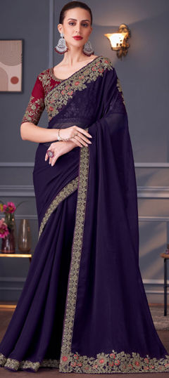 Purple and Violet color Saree in Georgette fabric with Embroidered, Resham, Sequence, Thread, Zari work