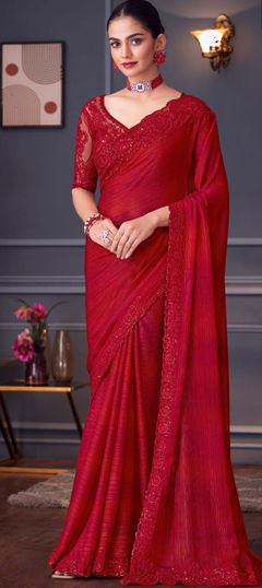 Red and Maroon color Saree in Shimmer fabric with Embroidered, Resham, Sequence, Thread work