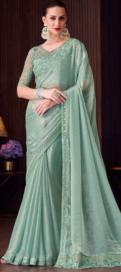 Green color Saree in Shimmer fabric with Embroidered, Resham, Sequence, Thread work