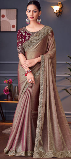 Beige and Brown color Saree in Shimmer fabric with Embroidered, Resham, Sequence, Thread, Zari work