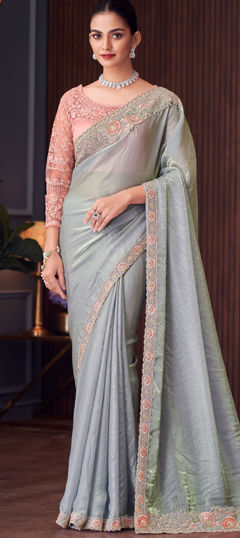 Black and Grey color Saree in Satin Silk fabric with Embroidered, Resham, Thread work