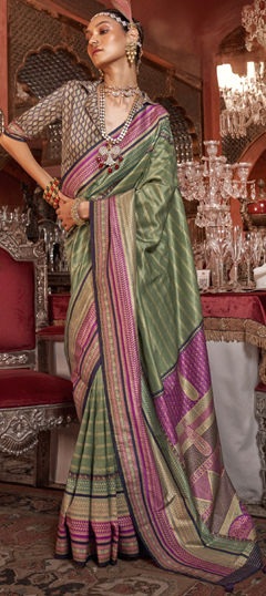 Green color Saree in Silk fabric with Printed work