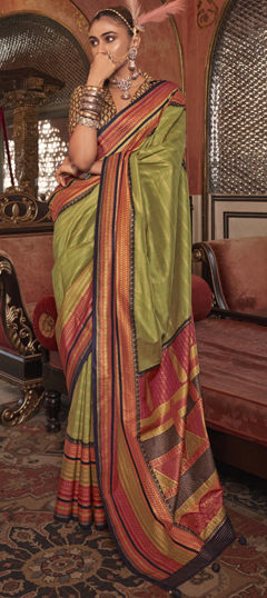 Green color Saree in Silk fabric with Printed work