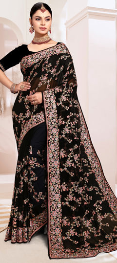 Black and Grey color Saree in Georgette fabric with Embroidered, Resham, Thread work