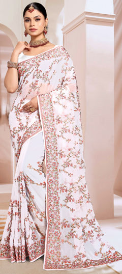 White and Off White color Saree in Georgette fabric with Embroidered, Resham, Thread work