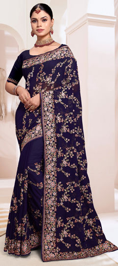 Blue color Saree in Georgette fabric with Embroidered, Resham, Thread work