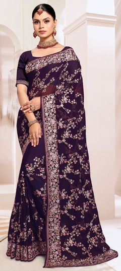 Purple and Violet color Saree in Georgette fabric with Embroidered, Resham, Thread work