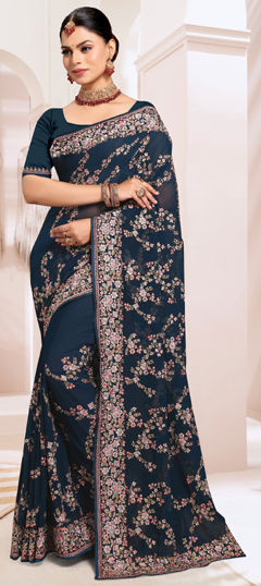 Blue color Saree in Georgette fabric with Embroidered, Resham, Thread work