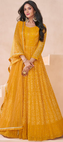 Festive, Reception, Wedding Yellow color Salwar Kameez in Faux Georgette fabric with Anarkali Digital Print, Embroidered, Sequence work : 1972488