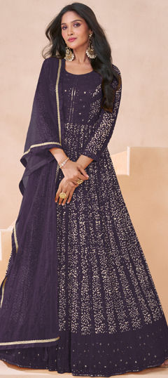 Festive, Reception, Wedding Purple and Violet color Salwar Kameez in Faux Georgette fabric with Anarkali Digital Print, Embroidered, Sequence work : 1972489