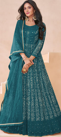 Festive, Reception, Wedding Blue color Salwar Kameez in Faux Georgette fabric with Anarkali Digital Print, Embroidered, Sequence work : 1972491