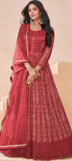 Festive, Party Wear, Wedding Red and Maroon color Salwar Kameez in Faux Georgette fabric with Anarkali Digital Print, Embroidered, Sequence work : 1972492