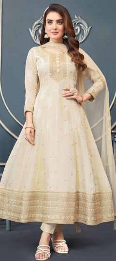 White and Off White color Salwar Kameez in Silk fabric with Sequence, Thread, Zari work