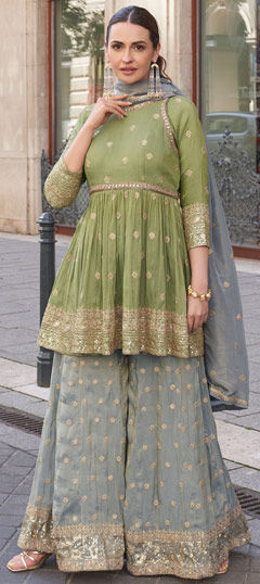 Green color Salwar Kameez in Shimmer fabric with Embroidered, Sequence work