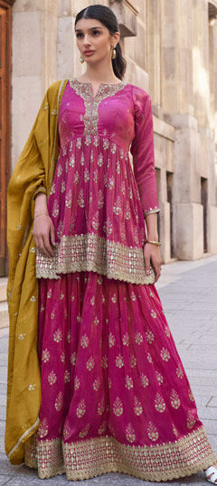 Pink and Majenta color Salwar Kameez in Shimmer fabric with Embroidered, Sequence work