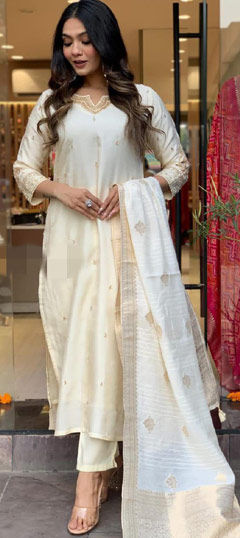 White and Off White color Salwar Kameez in Viscose fabric with Embroidered, Weaving, Zari work