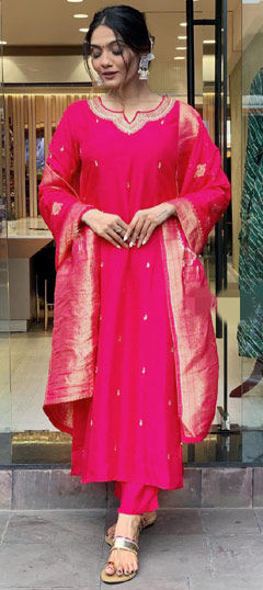 Pink and Majenta color Salwar Kameez in Viscose fabric with Embroidered, Weaving, Zari work