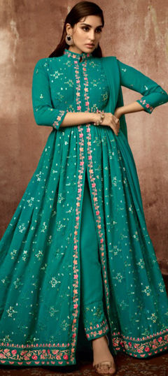 Festive, Party Wear Green color Gown in Georgette fabric with Embroidered, Resham, Thread work : 1972548