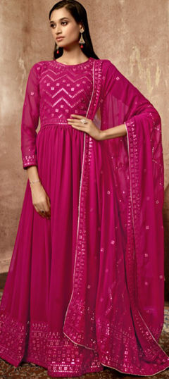 Festive, Party Wear Pink and Majenta color Gown in Georgette fabric with Sequence, Thread work : 1972549