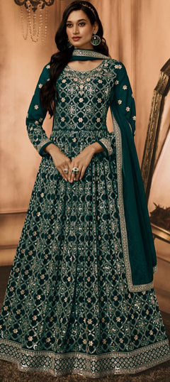 Festive, Party Wear Green color Gown in Georgette fabric with Embroidered, Resham, Sequence, Thread work : 1972551