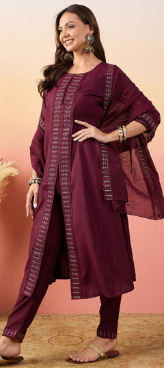 Red and Maroon color Salwar Kameez in Silk fabric with Embroidered, Resham, Sequence, Thread work