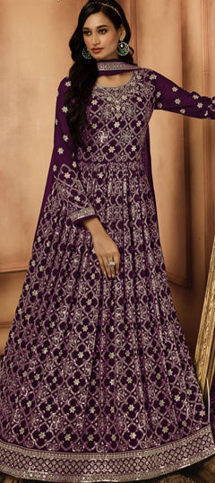 Purple and Violet color Gown in Georgette fabric with Embroidered, Resham, Sequence, Thread work