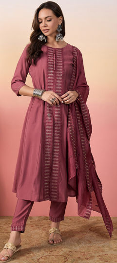 Pink and Majenta color Salwar Kameez in Silk fabric with Embroidered, Resham, Sequence, Thread work