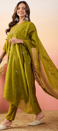 Yellow color Salwar Kameez in Silk fabric with Embroidered, Resham, Sequence, Thread work