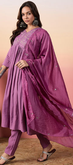 Pink and Majenta color Salwar Kameez in Silk fabric with Embroidered, Resham, Sequence, Thread work