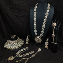 Gold Rodium Polish Red and Maroon color Bridal Jewelry in Metal Alloy studded with CZ Diamond, Kundan, Pearl