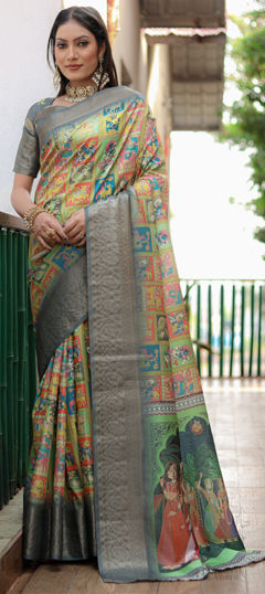 Black and Grey color Saree in Art Silk fabric with Printed work