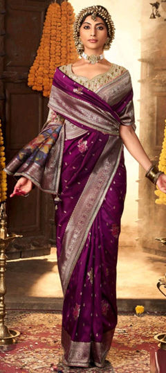 Purple and Violet color Saree in Silk fabric with Thread, Weaving, Zari work