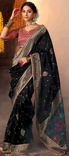 Black and Grey color Saree in Silk fabric with Thread, Weaving, Zari work