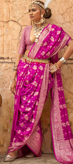 Pink and Majenta color Saree in Georgette fabric with Weaving, Zari work